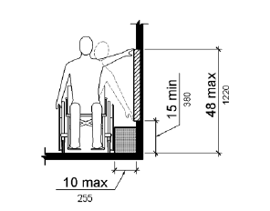 The drawing shows a frontal view of a person using a wheelchair making a side reach to a wall. The depth of reach is 10 inches (255 mm) maximum. The vertical reach range is 15 inches (380 mm) minimum to 48 inches (1220 mm) maximum.